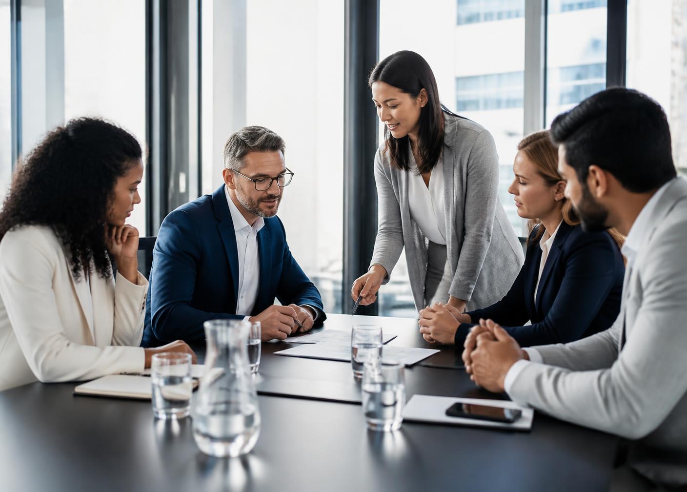 Equipe executiva reunida em escritório corporativo moderno