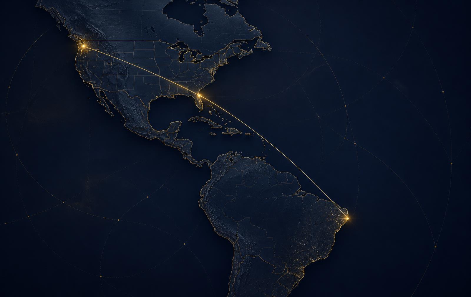 Mapa das Américas destacando Seattle, Orlando e Brasil